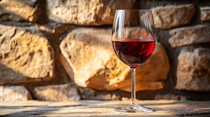 Poster - Glass of red wine on stone wall background Wooden table Close up : Generative AI