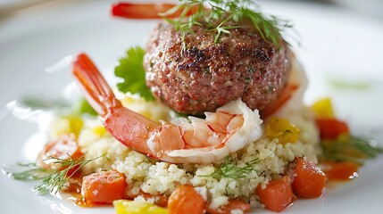 Aufkleber - Crab and prawn fish steamed meatballs patties with couscous and vegetables on white background : Generative AI