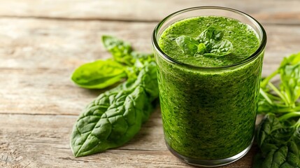 Wall Mural - Spinach smoothie Healthy drink in glass jar on white wooden background Copy space : Generative AI