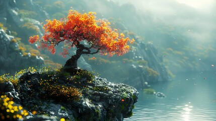 Poster - Tranquil Autumn Landscape with a Tree on a Cliff