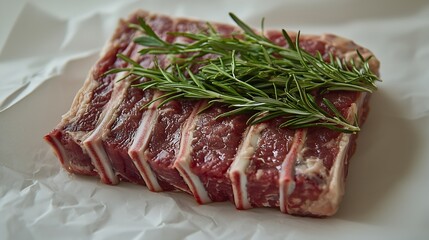 Poster - Raw meat mutton lamb rack with fresh herbs on a white paper background : Generative AI