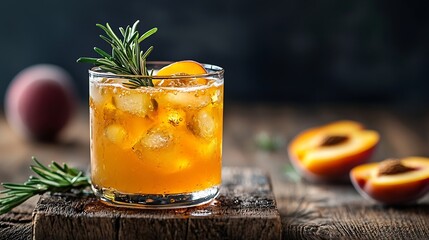 Aufkleber - Peach and rosemary fizz cocktail on a wooden background : Generative AI