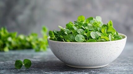 Poster - Micro herbs watercress salad in white bowl Grey background Close up Copy space : Generative AI