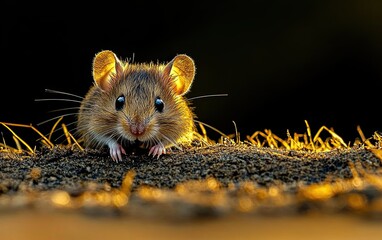 Wall Mural - A small brown mouse with big ears looks directly at the camera from behind a patch of dried grass.