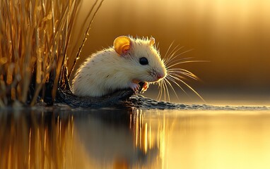 Wall Mural - A small white mouse sits on a muddy bank in the water, with the setting sun casting a golden glow over the scene.