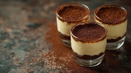 Poster - Tiramisu dessert in glasses Marble background Close up Top view : Generative AI