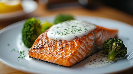 Aufkleber - Salmon steak with creamy sauce and broccoli on a white plate : Generative AI