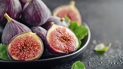 Poster - Fresh figs on black plate Dark background Close up : Generative AI