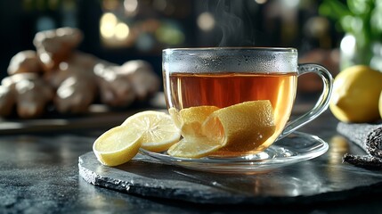 Aufkleber - Ginger tea with lemon and honey Grey background Close up : Generative AI