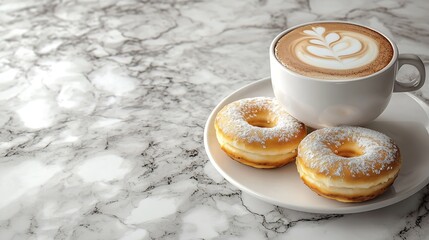 Poster - Coffee with donuts in marble table background Copy space : Generative AI