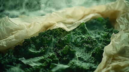 Poster - Raw kale leaves on a parchment paper chips cooking process Close up : Generative AI