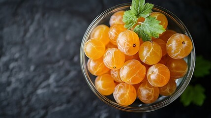 Aufkleber - Gooseberries in glass bowl on black stone slate background Top view Copy space : Generative AI