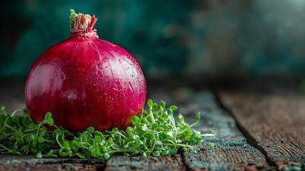 Poster - Red onion with fresh green sprouts on wooden background Close up : Generative AI