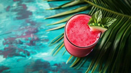Leinwandbilder - Watermelon smoothie fresh juice on colorful wooden background with palm leaves Top view : Generative AI