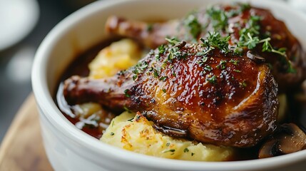 Poster - Duck legs confit with potato gratin and mushroom sauce Close up : Generative AI