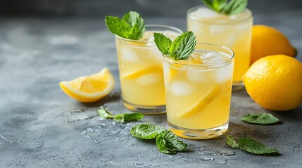 Leinwandbilder - Lemonade lemon mint cocktail in glasses and jug Grey background Close up : Generative AI