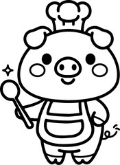 Wall Mural - cute cartoon pig wearing a chef hat, hand-drawn in line art style. vector illustration, isolated for