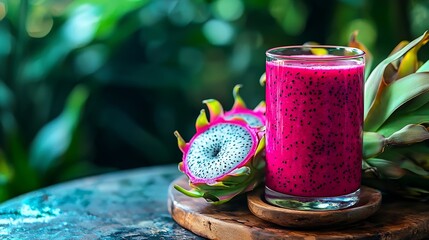 Poster - Glass of dragon fruit smoothie juice and fresh pitahaya on a outdoor tropical background : Generative AI