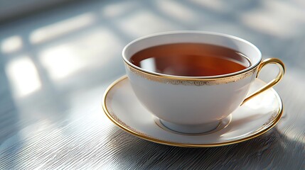 Poster - Tea in white cup with gold rim Grey background Copy space : Generative AI