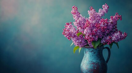 Poster - Bunch of lilac flowers in a cooper vintage jug Blue background : Generative AI