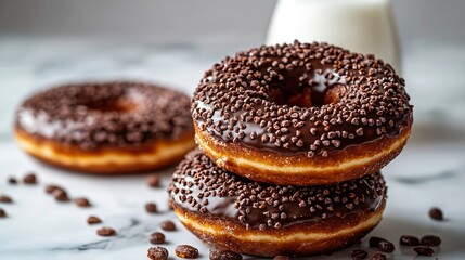 Poster - Donuts with bottle of milk on marble table Grey background Copy space : Generative AI