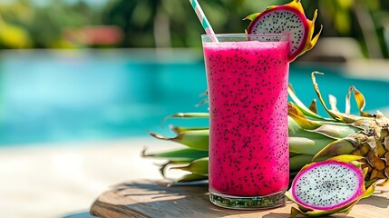 Poster - Glass of dragon fruit smoothie juice and fresh pitahaya on a outdoor tropical background Copy space : Generative AI