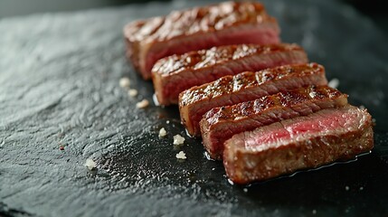 Poster - Grilled sliced beef steak on slate stone table Top view : Generative AI