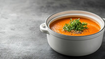 Poster - Pumpkin vegetable cream soup in white pot saucepan bowl Grey background Close up : Generative AI