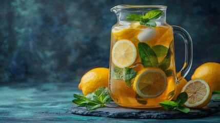 Poster - Ice tea lemonade in glass and beverage dispenser with fresh lemons Grey background Close up : Generative AI