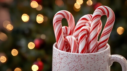 Poster - Candy cane sweets in a mug Christmas and New Year background Close up : Generative AI