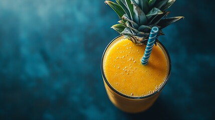 Poster - Pineapple with tropical fruit juice smoothie on dark background Copy space Top view : Generative AI