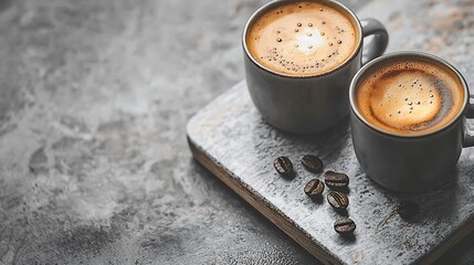 Poster - Black coffee in mugs with coffee pot on marble cutting board White background Close up : Generative AI