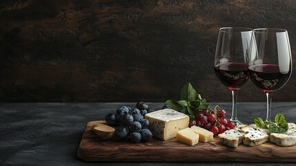Poster - Cheese assortment with red wine in glasses Stone and wood background : Generative AI