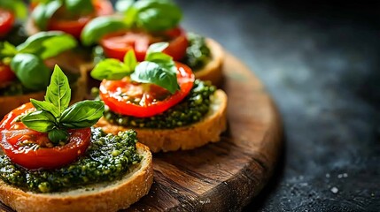 Poster - Tomato pesto bruschetta crostini with fresh basil on wooden serving board Grey background Close up : Generative AI
