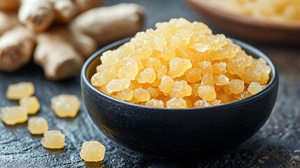 Poster - Candied ginger in black bowl on dark stone background Close up Copy space : Generative AI