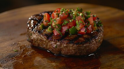 Poster - Beef steak well done with tomato and pepper salsa on a wooden background : Generative AI