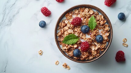 Poster - Healthy breakfast Fresh granola muesli in bowl with milk and berries on a white background : Generative AI