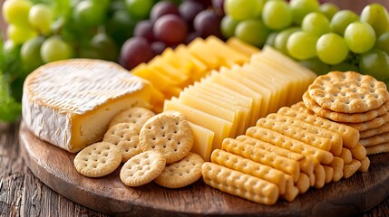 Poster - Assortment of cheese crackers grapes Snack for wine Marble cutting board Wooden background Close up : Generative AI