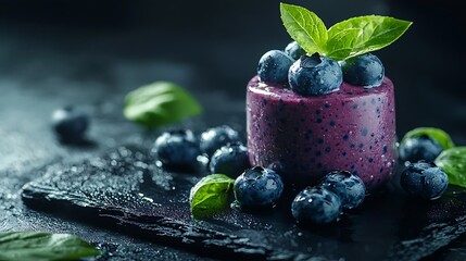 Poster - Berry acai smoothie with fresh blueberries on a black stone background : Generative AI