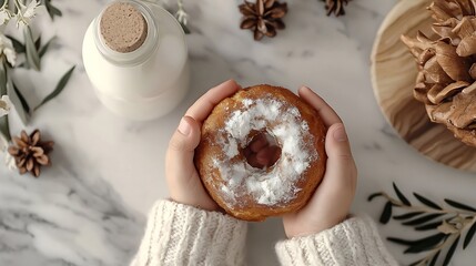 Poster - Kids hands holding a doughnut and bottle of milk Marble background Close up Top view : Generative AI