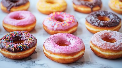Poster - Assortment of donuts on marble table background Close up Top view : Generative AI