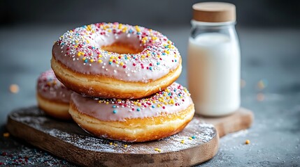 Poster - Donuts with bottle of milk on marble table Grey background : Generative AI