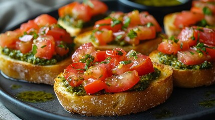 Poster - Bruschetta crostini with pesto and tomato Grey background Close up : Generative AI