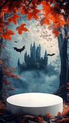 Halloween background with spooky white ghosts and castle,pumpkins,bats,witch,Jack o Lantern pumpkin carving scary,creepy,spooky,poster,Banner Vector illustration Halloween day.