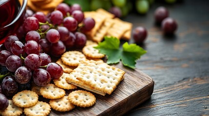 Poster - Assortment of cheese crackers grapes Snack for wine Marble cutting board Wooden background Close up : Generative AI