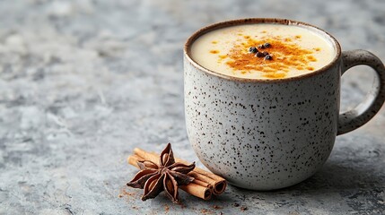 Aufkleber - Indian masala tea with milk and spices in mug Grey background Close up : Generative AI