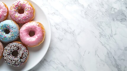 Poster - Donuts assortment with colorful glaze on white plate Marble background Top view : Generative AI