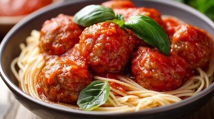 Poster - Meatballs in tomato sauce and fresh basil with spaghetti on a white background : Generative AI