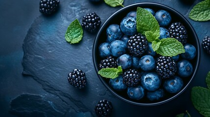Aufkleber - Blueberry and blackberry berries with mint leaves in black bowl on blue stone background Top view : Generative AI