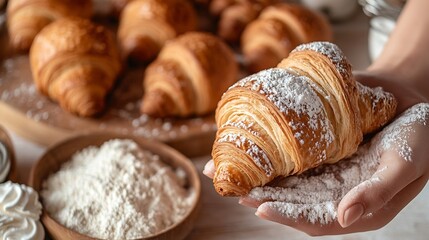 Poster - Croissants baking ingredients with womans hand holding fresh croissant Top view Copy space : Generative AI